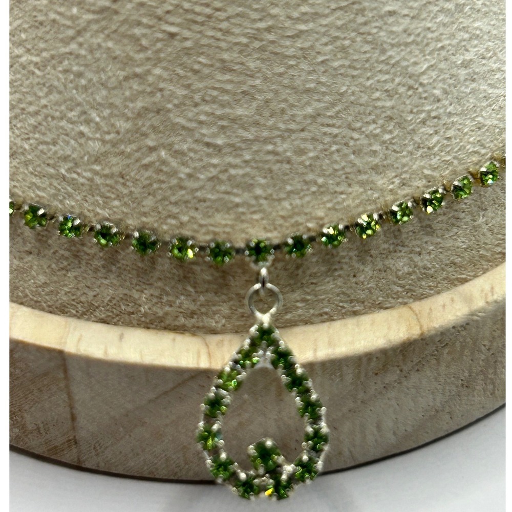 Tennis Bracelet Green Rhinestones Teardrop Charm Silver Tone Spring Dainty8.5 in